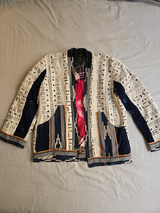Handmade Jackets & Blazers - Open-Front Mudcloth Indigo Jacket in Navy & Cream Festival Bohemian HAL3